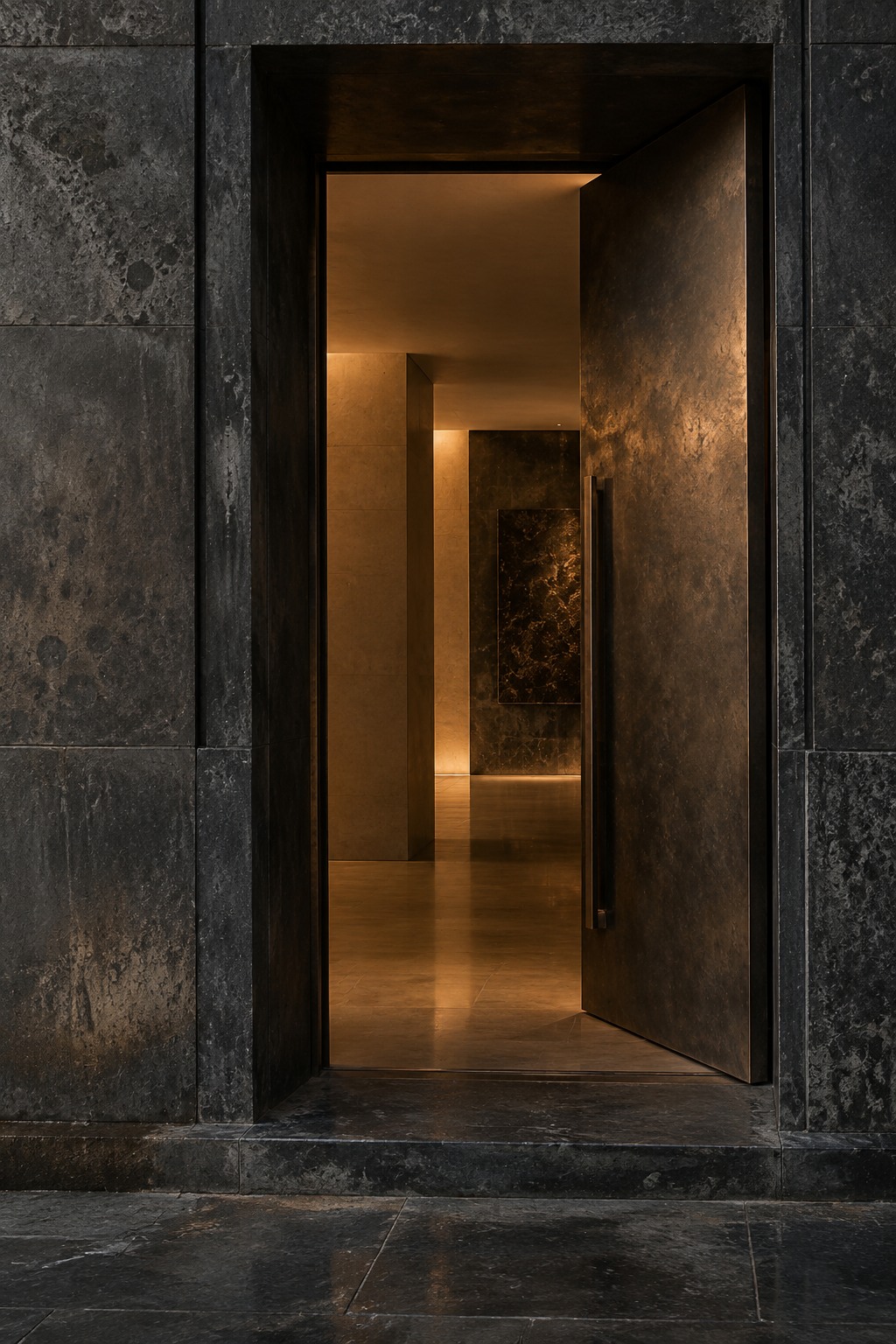 Original generated architectural image of a dark bronze doorway in charcoal stone, opening to a warmly lit interior.