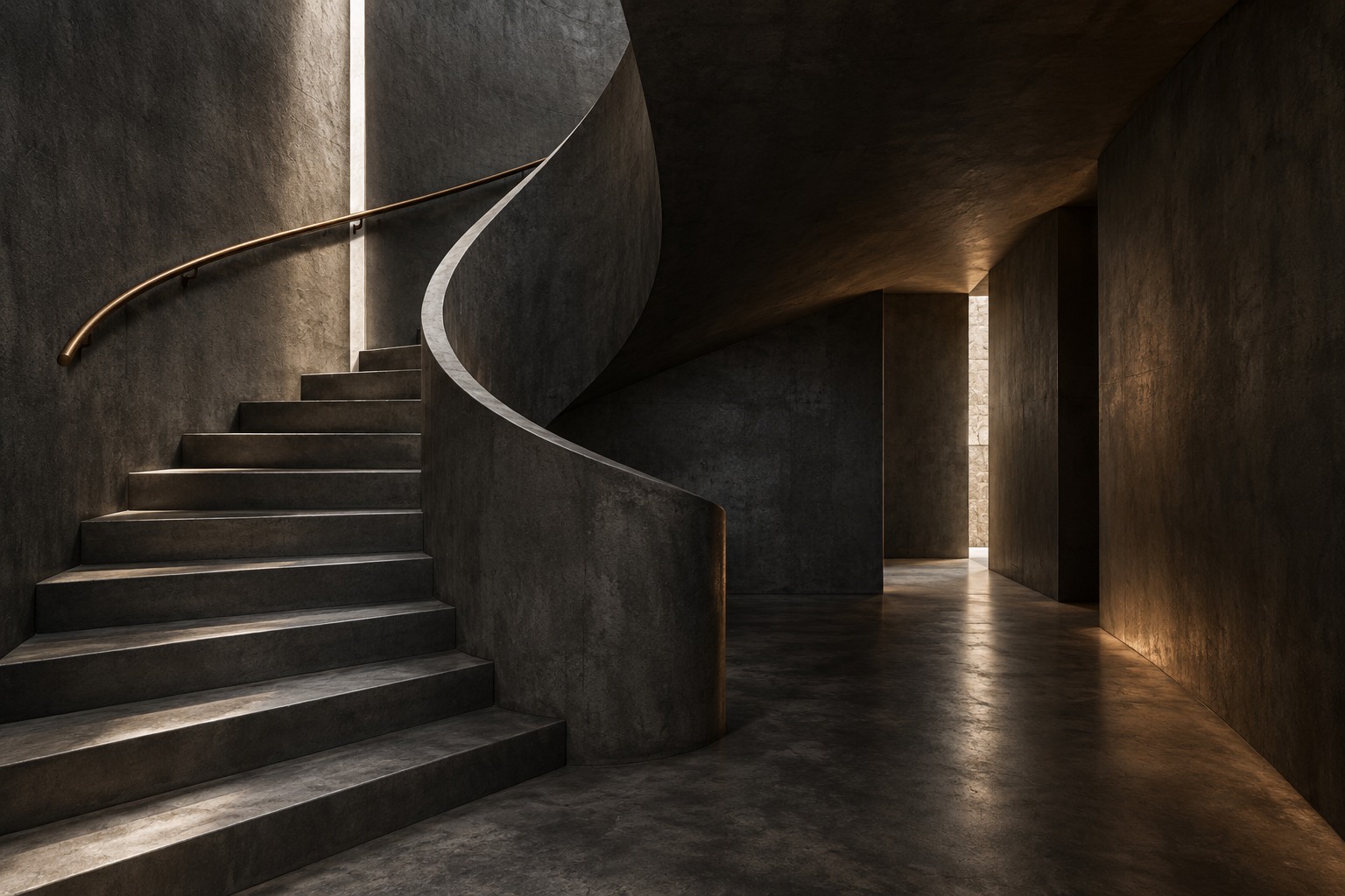 Original generated architectural image of a sculptural charcoal concrete staircase with a bronze handrail and natural light.